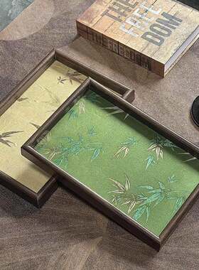 中式刺绣竹叶光影托盘客厅桌面杂物收纳盘木质置物盘复古文玩茶盘