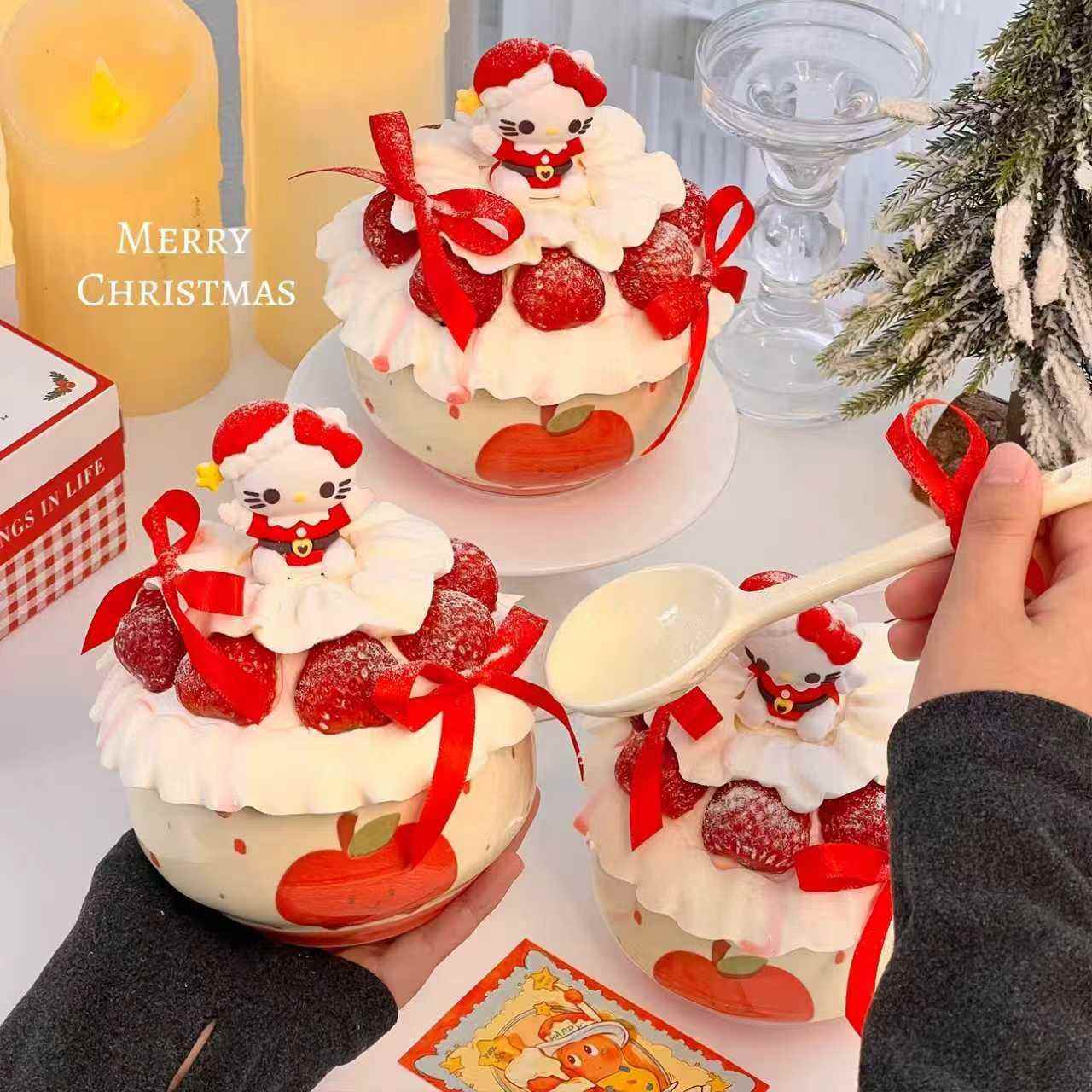 网红圣诞节新年草莓碗蝴蝶结KT猫蛋糕装饰摆件苹果小狗陶瓷碗装扮