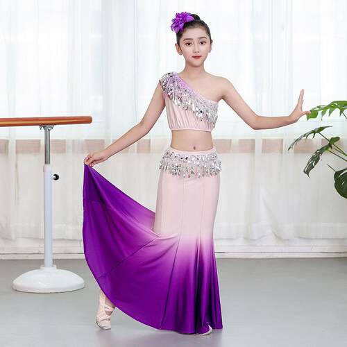 高档质儿童款傣族舞新蹈演出服女童傣族孔雀舞包臀鱼尾裙少儿优表