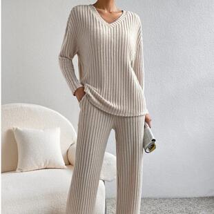 straight leg pants Two groove collar knitted women