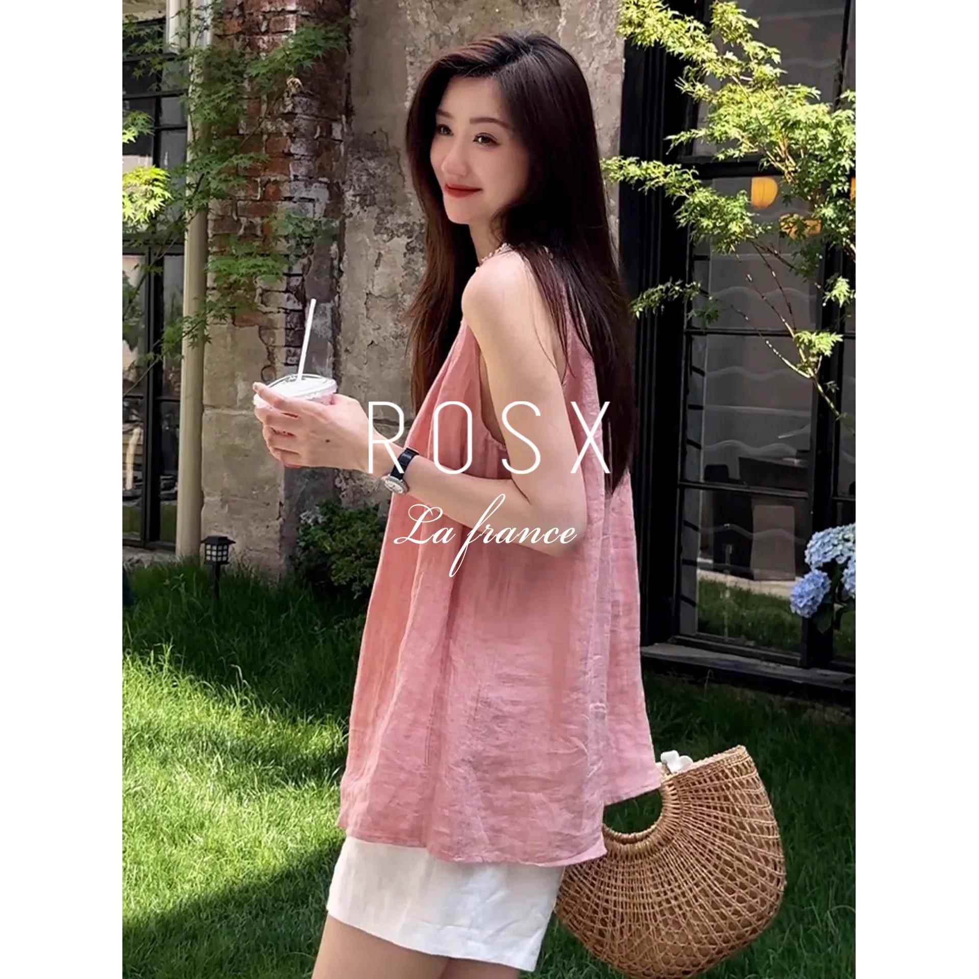 ROSX法式气质慵懒风粉色重工钉珠无袖衬衫女夏季百搭宽松显瘦上衣