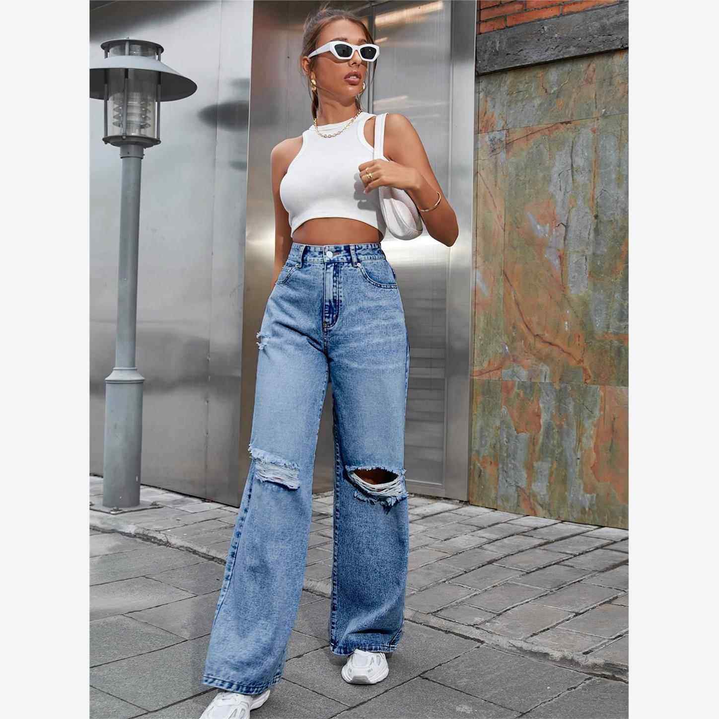 Ripped Baggy Jeans Woman Casual Loose High Waist Mom Jeans