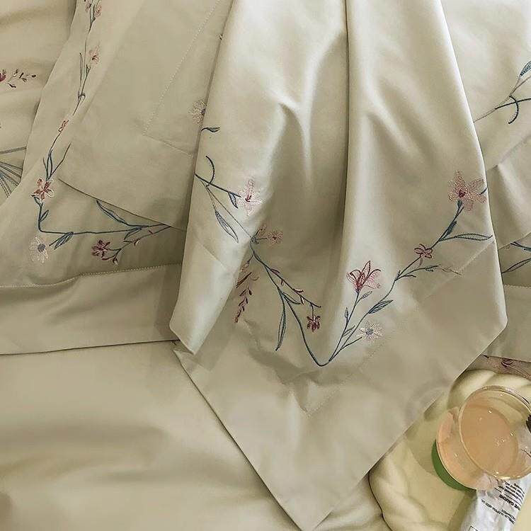 中式田园花卉刺绣100支长绒棉四件套纯棉贡缎床单被套全棉床品1.8