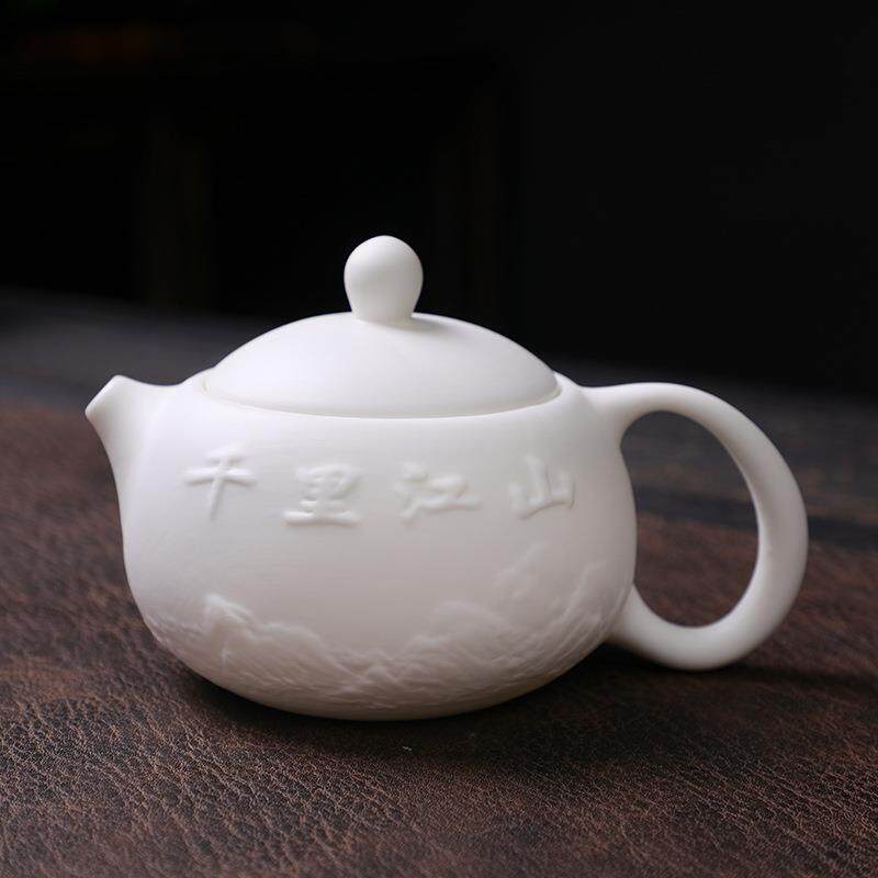 高档素烧羊脂玉茶具套装特色德化白瓷千里江山泡茶壶盖碗茶杯整套
