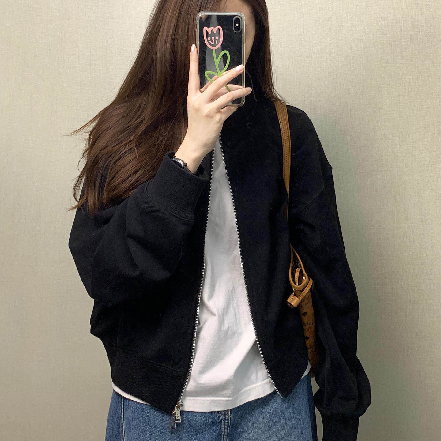 法式Rixo Kelly小个子短款立领黑色棒球服女秋季新款薄款夹克外套