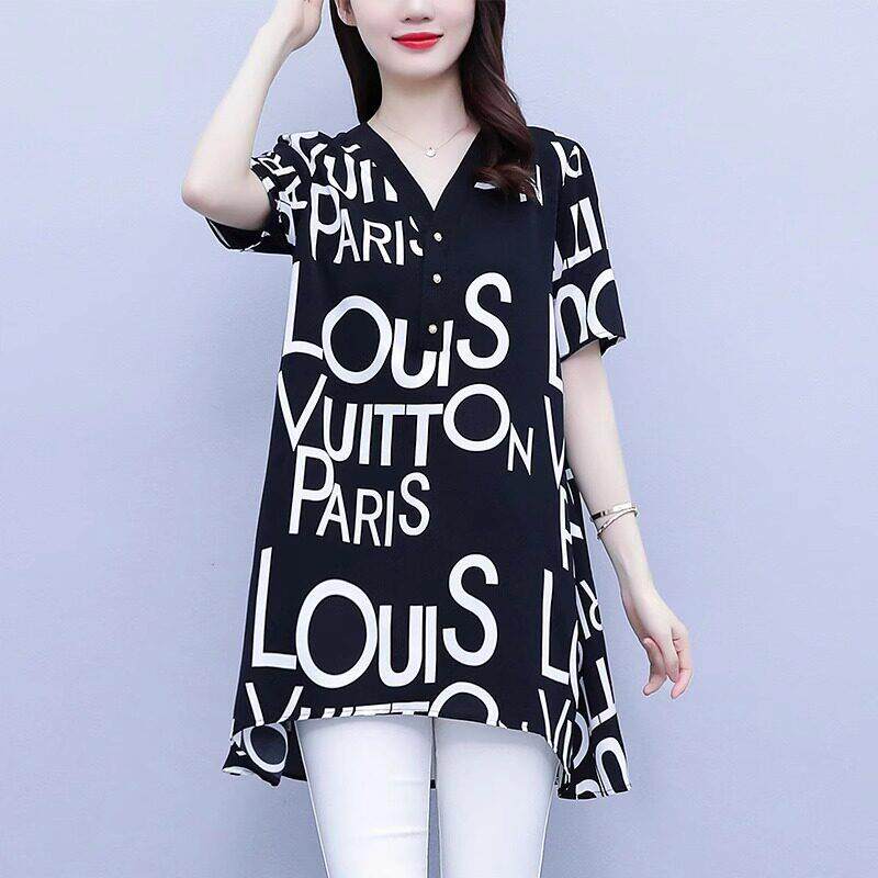 短袖衬衫女夏季新款时尚印花洋派中长版上衣妈妈减龄V领薄款小衫