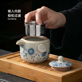 汝窑茶壶单个盖碗功夫茶具开片可养小号泡茶器青花陶瓷家用手抓壶