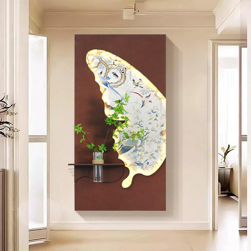 法式中古风玄关装饰画水培绿植客厅挂画竖版档走廊过道led灯画
