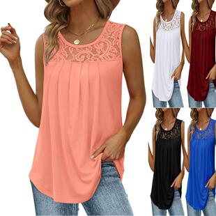 Summer Tank Tops Women Pleated Tunics Scoop Neck Sleeveless