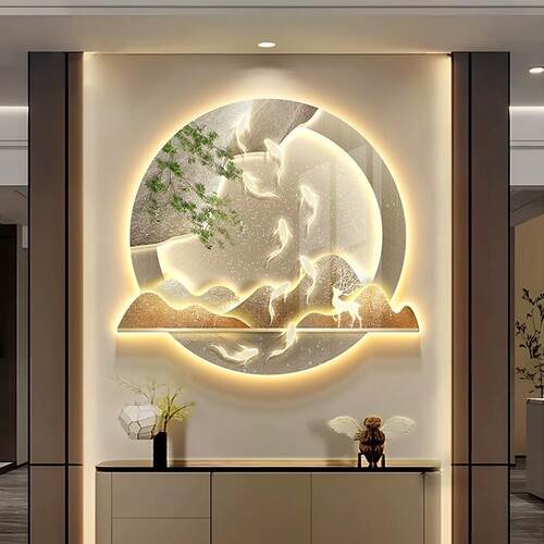 轻奢九鱼图入门玄关装饰画走廊过道壁画高档茶室入户门正对墙挂画