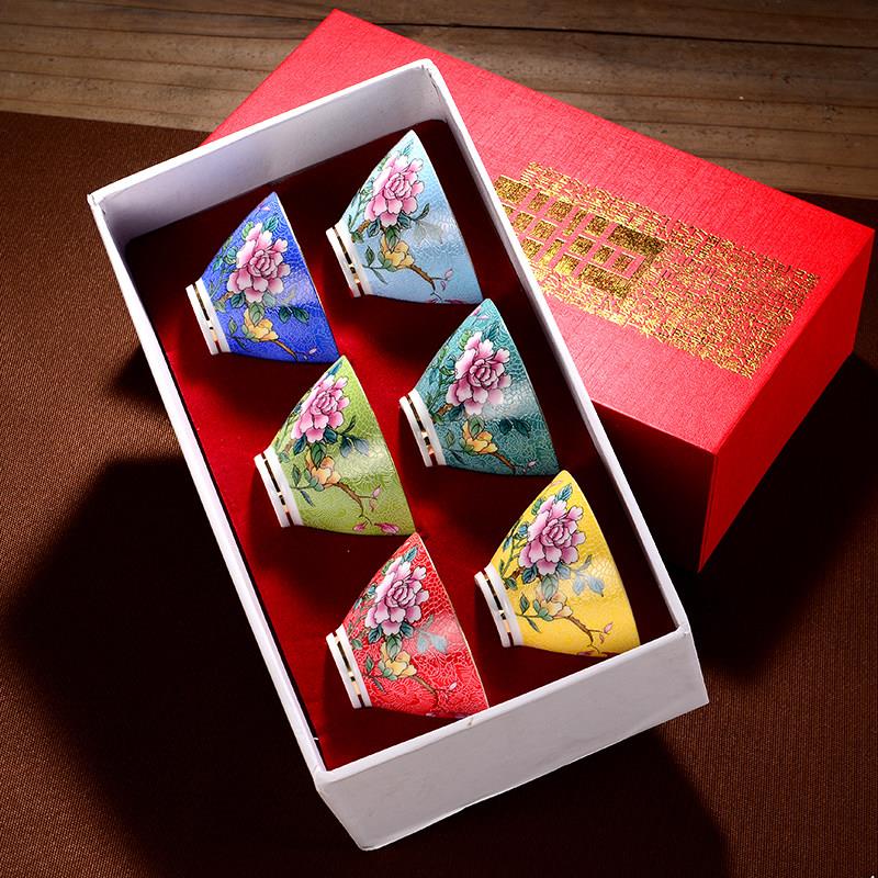 景德镇陶瓷茶杯珐瑯彩大号斗笠杯功夫茶具套组品茗礼盒装主人单杯