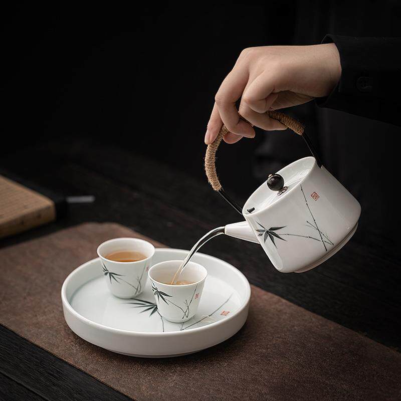 手绘墨竹提梁壶茶杯茶盘全套酒店民宿餐厅专用泡茶套装一壶二杯