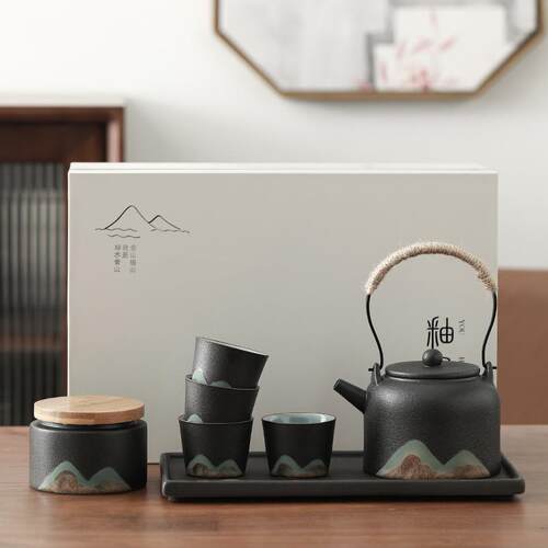 日式粗陶手绘远山提梁壶茶具套组大茶壶一壶四杯干泡茶具套装礼品