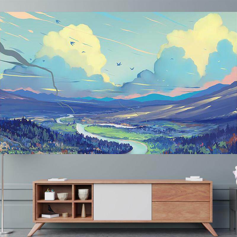 动漫风景落日背景墙装饰墙贴ins自粘网红壁纸宿舍房间防水贴画纸