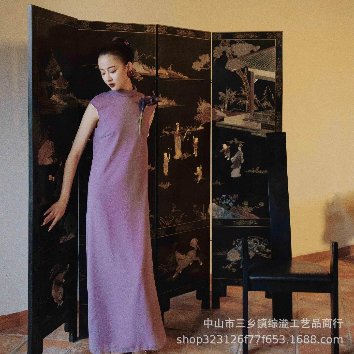 手绘中式古典人物屏风瑞兽麒麟图样漆画客厅办公室会议室背景隔断