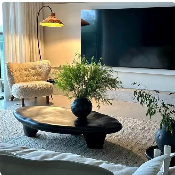 网红鹅卵石茶几意式极简茶桌黑色异型设计师小户型墨光茶几