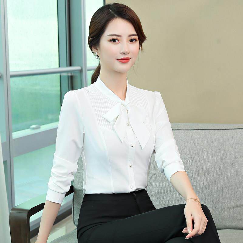 白色大码职业衬衫女雪纺蝴蝶结加绒衬衣正装酒店前台美容师工作服
