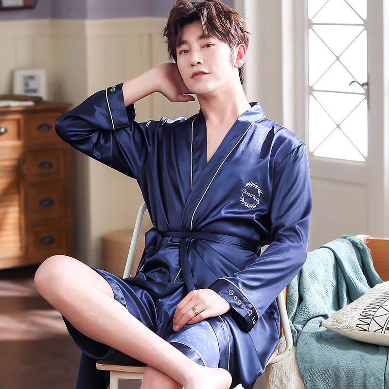 2025年新款睡袍男士冰丝春秋夏季长袖薄款睡衣丝绸中长款浴袍浴衣
