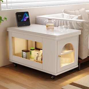 实木可折叠茶桌移动式茶几小户型客厅家用沙发边柜小推车巴士边几