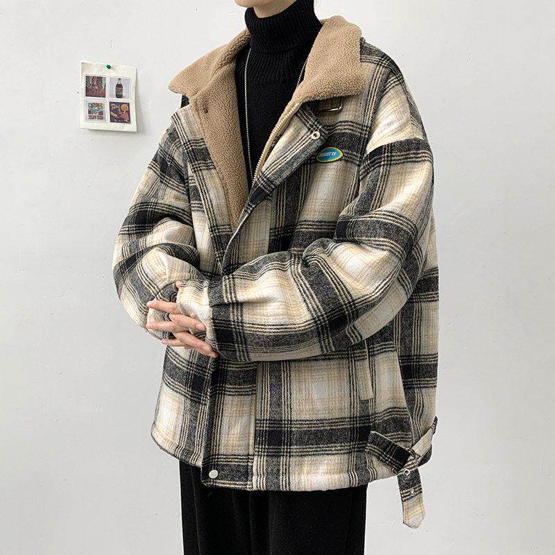 羊羔绒格子外套男潮牌冬季加绒加厚美式潮流宽松棉衣冬装保暖棉服