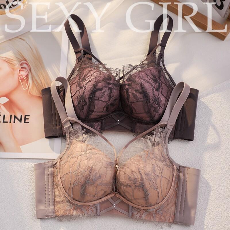 高档蕾丝内衣女舒适聚拢中厚胸罩无钢圈收副乳调整型纯欲文胸套装