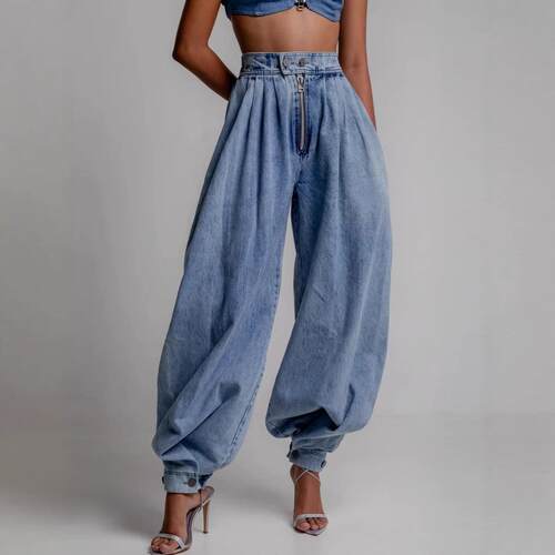 Blue zipper jeans, women's balloon pants, high waisted leg