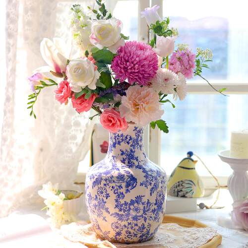 青花瓷陶GES花瓶复古做旧花纹冰裂水养鲜花插花客厅桌面瓷装瓶饰