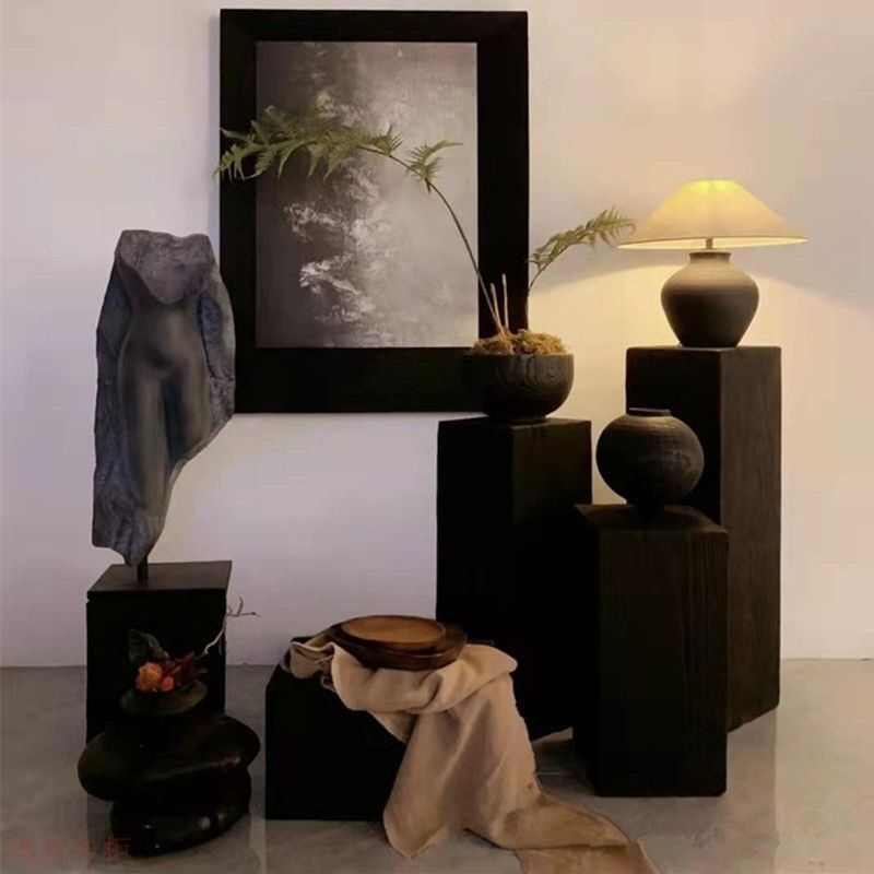 碳化方形木头树桩落地摆件原木黑色复古木墩户外酒店茶几凳实木凳