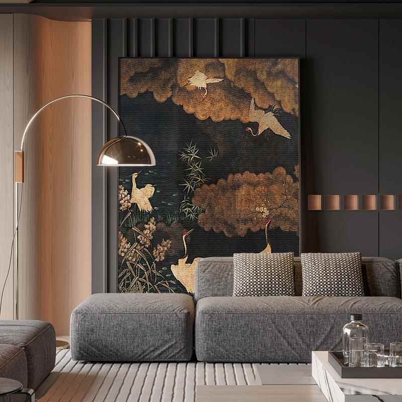 法式中古风客厅玄关装饰画沙发现代南洋复古风挂画新中式仙鹤壁画