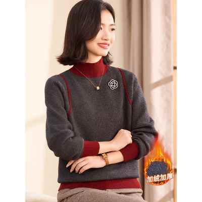 喜卉妈妈装冬季半高领加绒毛衣中老年女装加厚打底衫保暖上衣洋气