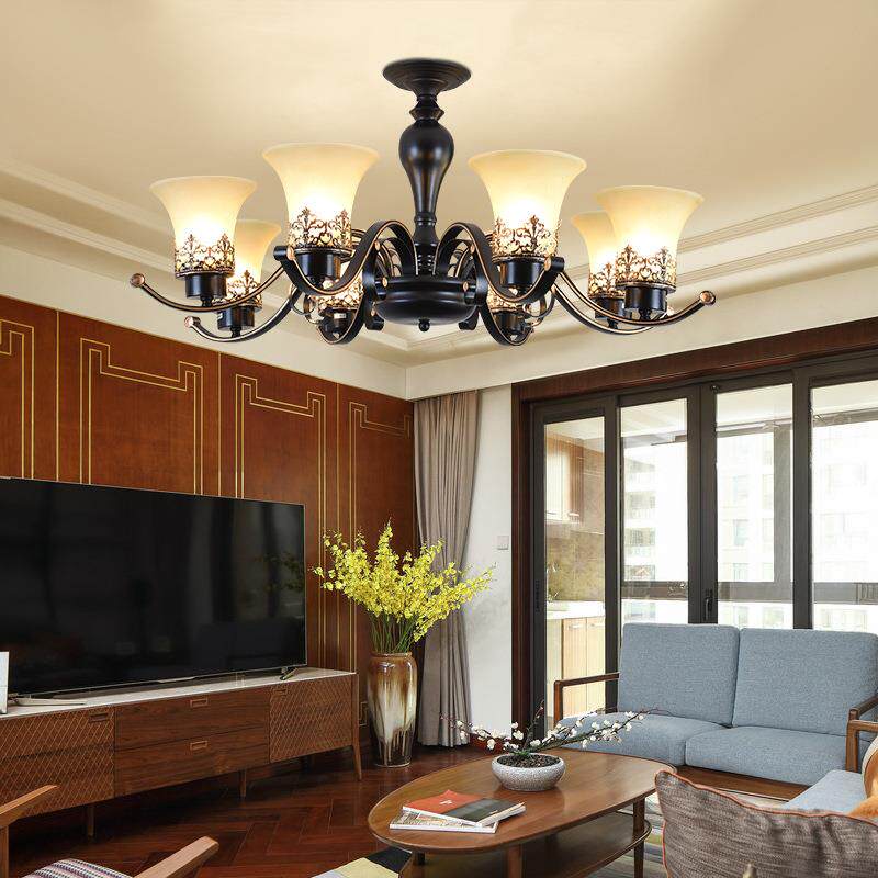 美式复古客厅吊灯简约餐厅乡村铁艺灯书房欧式圆形卧室玻璃灯具