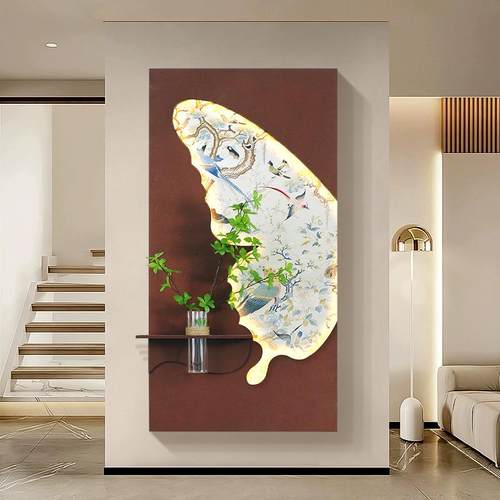 法式中古风玄关装饰画水培绿植客厅挂画竖版高档走廊过道led灯画