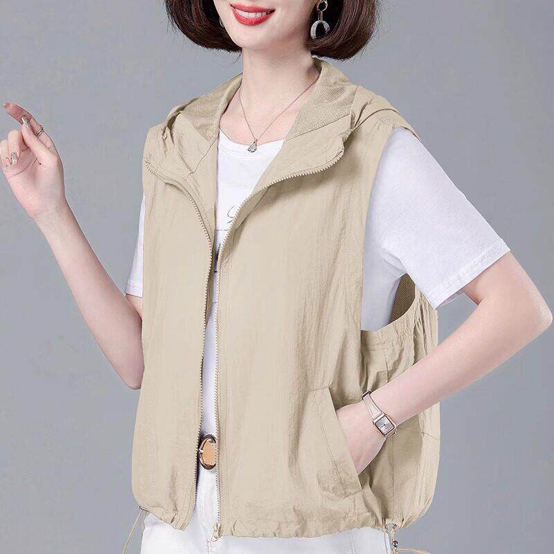 连帽无袖防晒马甲外套女春夏新款时尚休闲透气女士背心马夹上衣薄