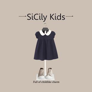 SiCily Kids-女童藏青纯色连衣裙夏季新款装白色娃娃领公主裙子