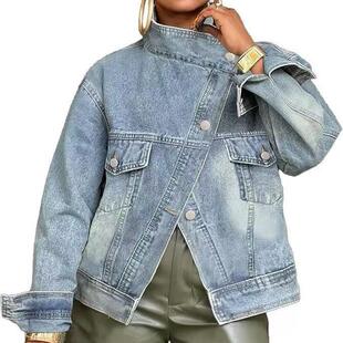Womens Vintage Washed High Neck Asymmetric Button Loose