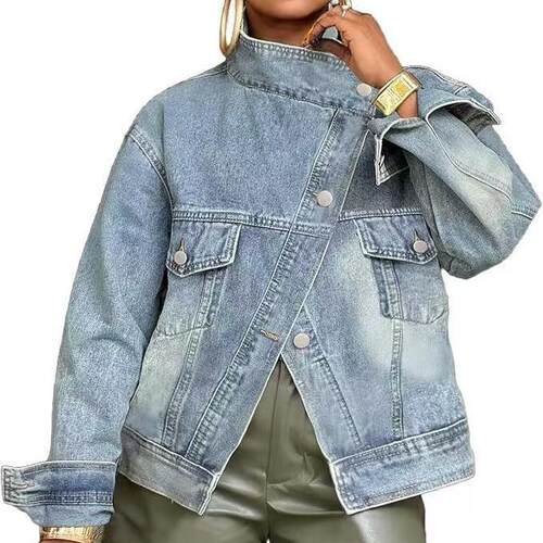 Womens Vintage Washed High Neck Asymmetric Button Loose