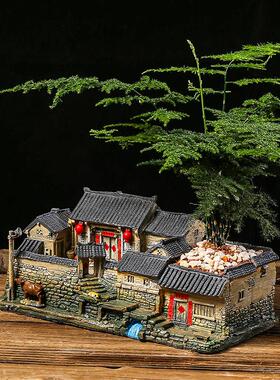 中式复古微景观老房子花盆造景创意盆栽室内多肉植物文竹盆景摆件