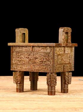 古玩收藏仿铜鼎盛千秋双龙鼎摆件做旧合金四方鼎摆设工艺品