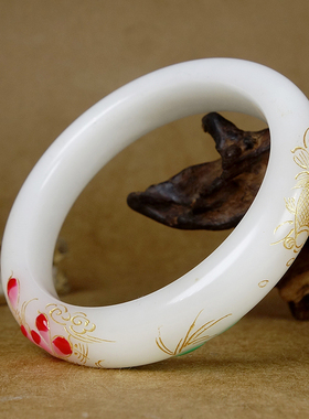 内径52mm收藏级保真新疆和田玉羊脂白玉冰种珐琅彩绘手镯46.80g