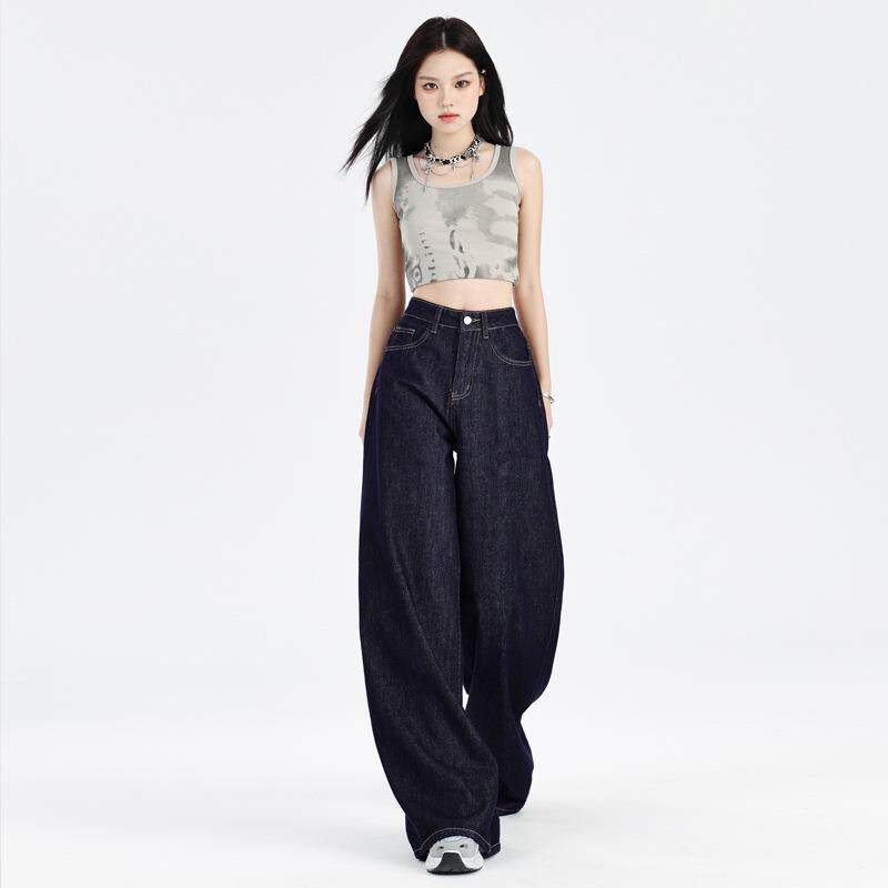 秋冬深蓝色美式阔腿牛仔裤女高腰显瘦小个子直筒裤图片色九分氨纶