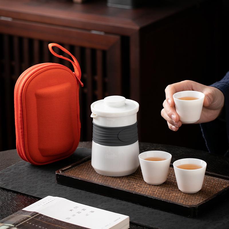 便携式旅行茶具小套装备户外包白瓷泡茶壶茶杯简易女士露营快客杯