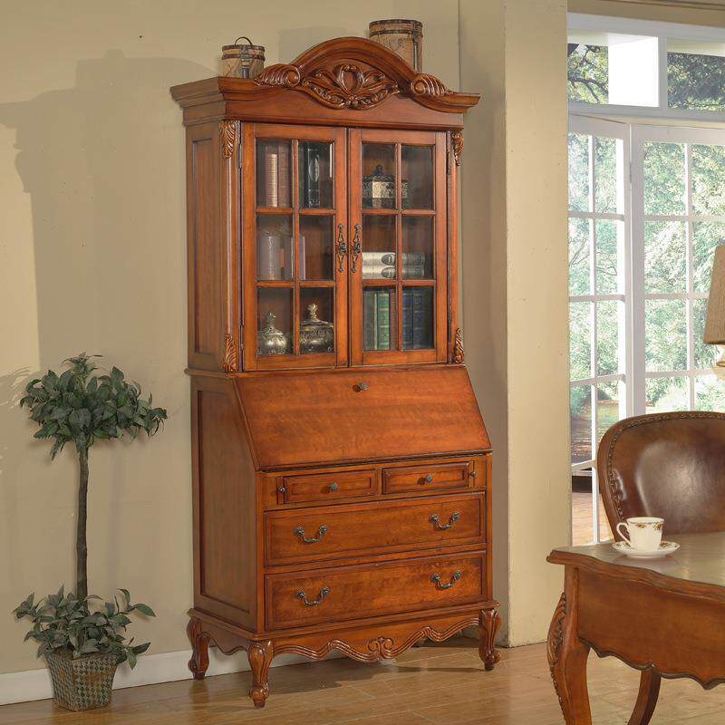 美式实木书柜书桌一体 欧式复古两门书柜带门落地收纳置物柜