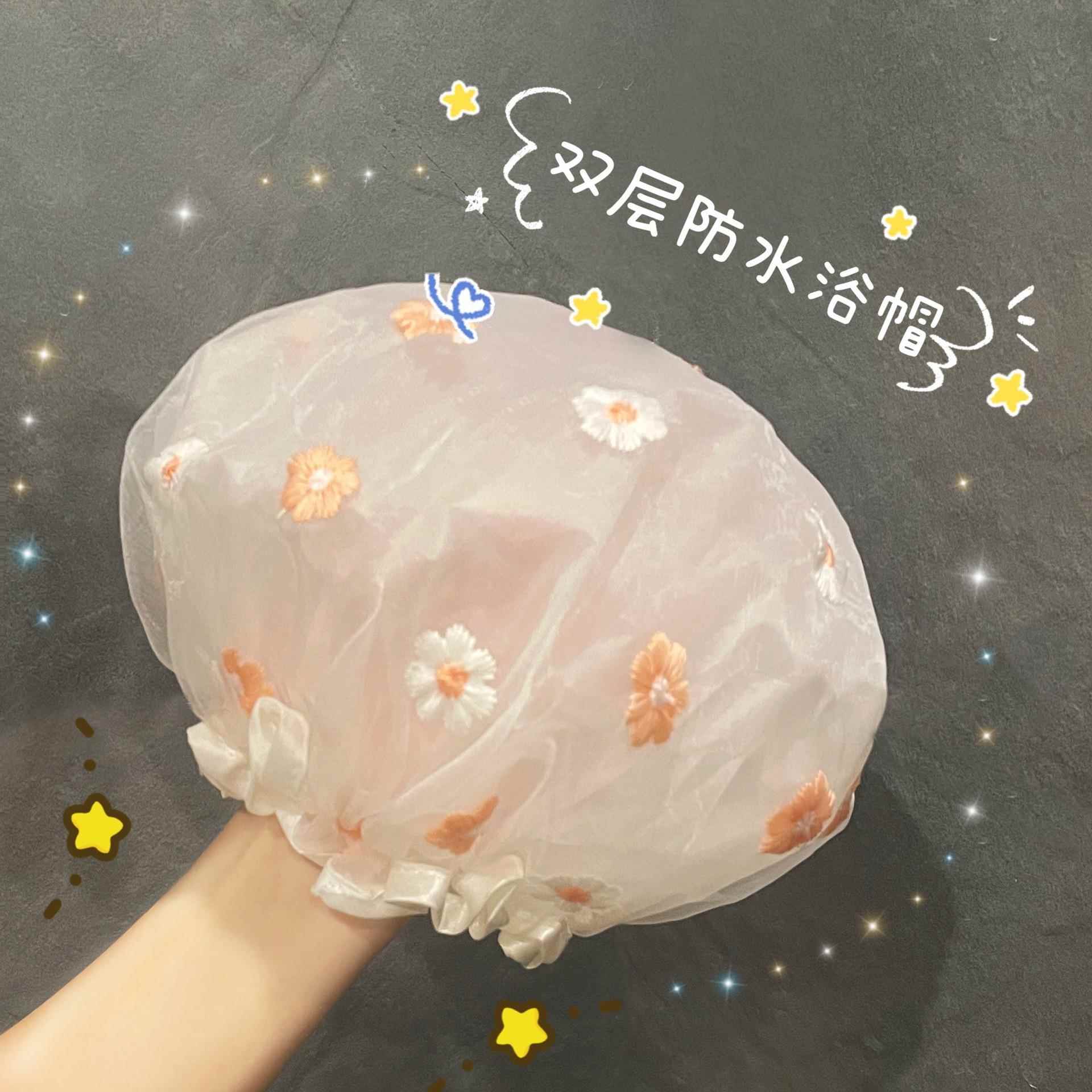 双层特厚浴帽防水女款小雏菊刺绣成人儿童通用田园风加厚