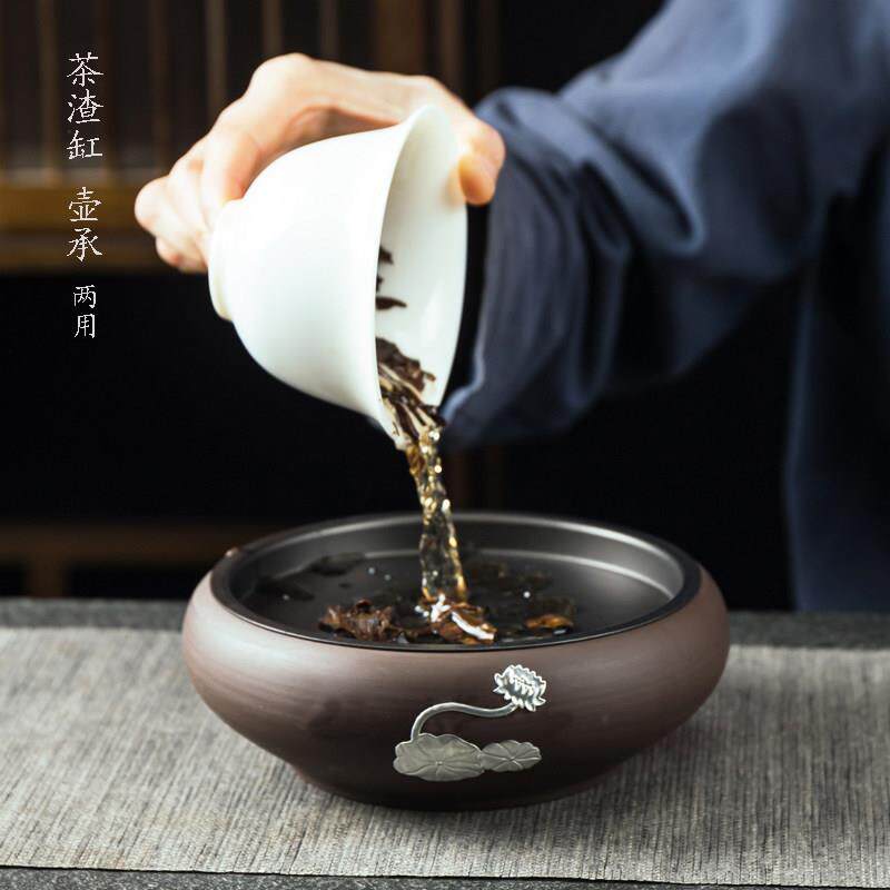 紫砂茶渣缸家用茶洗带盖复古建水钵型过滤桶壶承水孟小号水洗配件