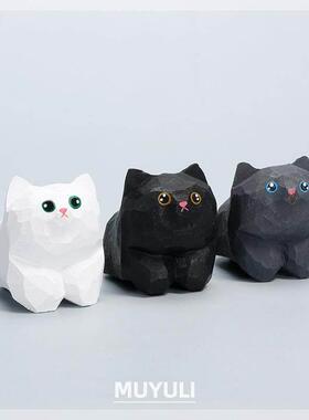 趴趴木雕猫电脑显示器摆件女生工位治愈系装饰可爱创意送男友礼物