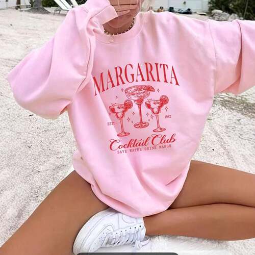 Women's Letter & Cocktail Print Round Neck Tee