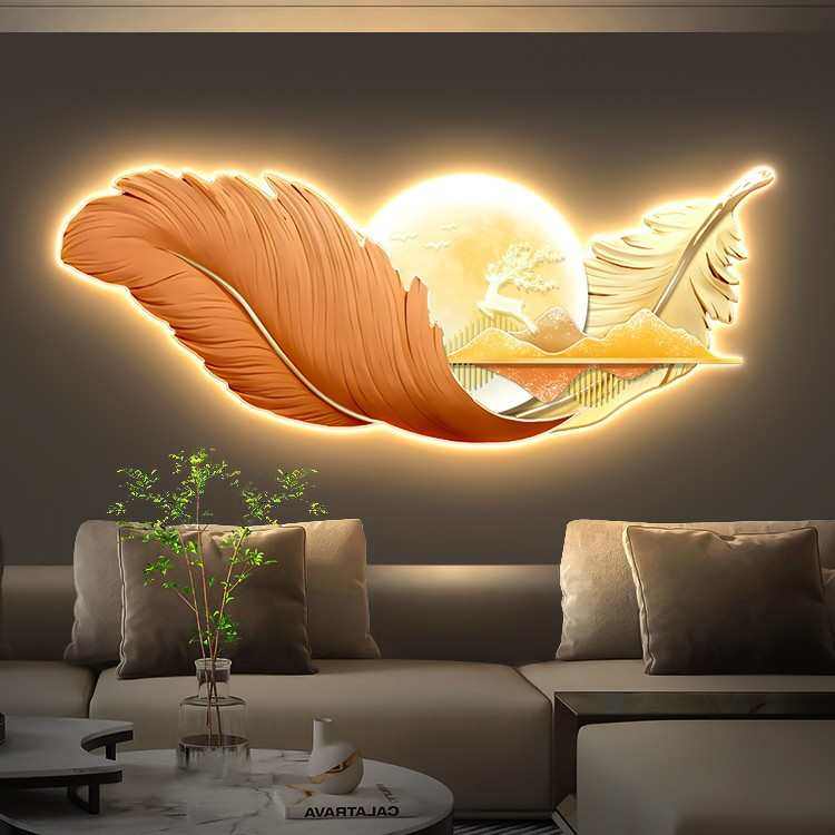 高级感羽毛客厅装饰画轻奢鹿沙发背景墙挂画山水卧室床头带灯壁画