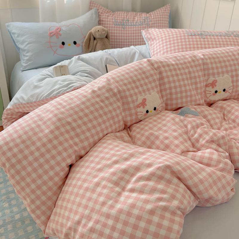 洗棉床四件套秋XOP季可爱毛巾绣床上品被套冬粉色宿水舍床单人三