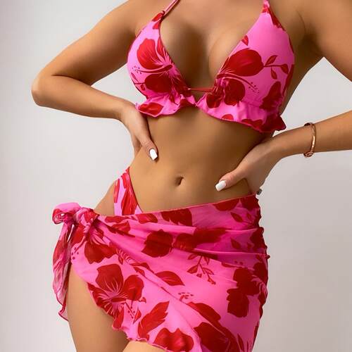 Flower pattern three bikini backless strap backless high