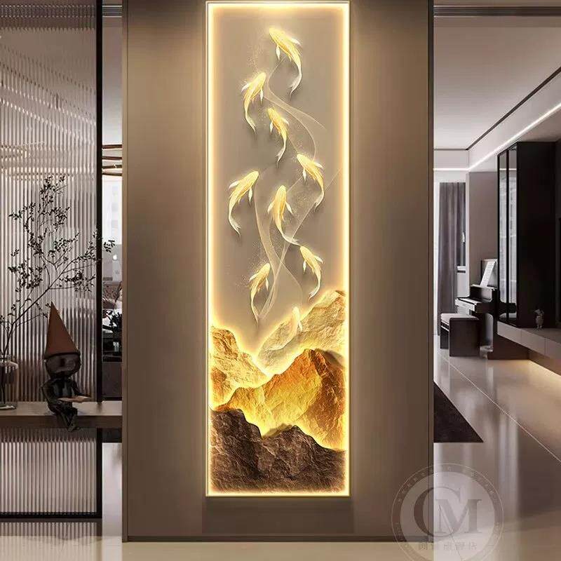 现代玄关装饰画竖版长条壁灯高档九鱼图客厅走廊过道挂画